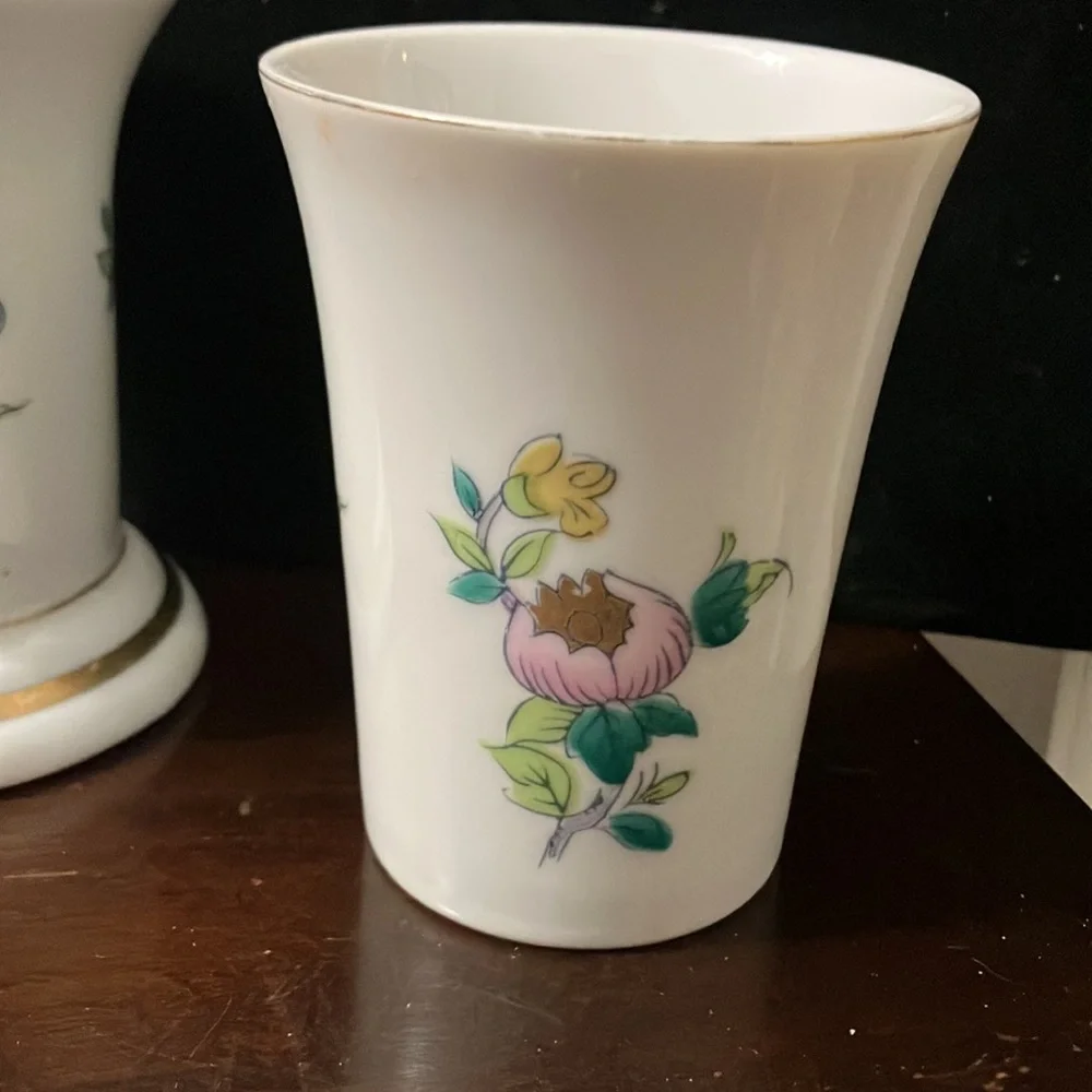 Vintage Porcelain Andrea by Sadek Asian Style Floral Toothbrush Holder & Cup